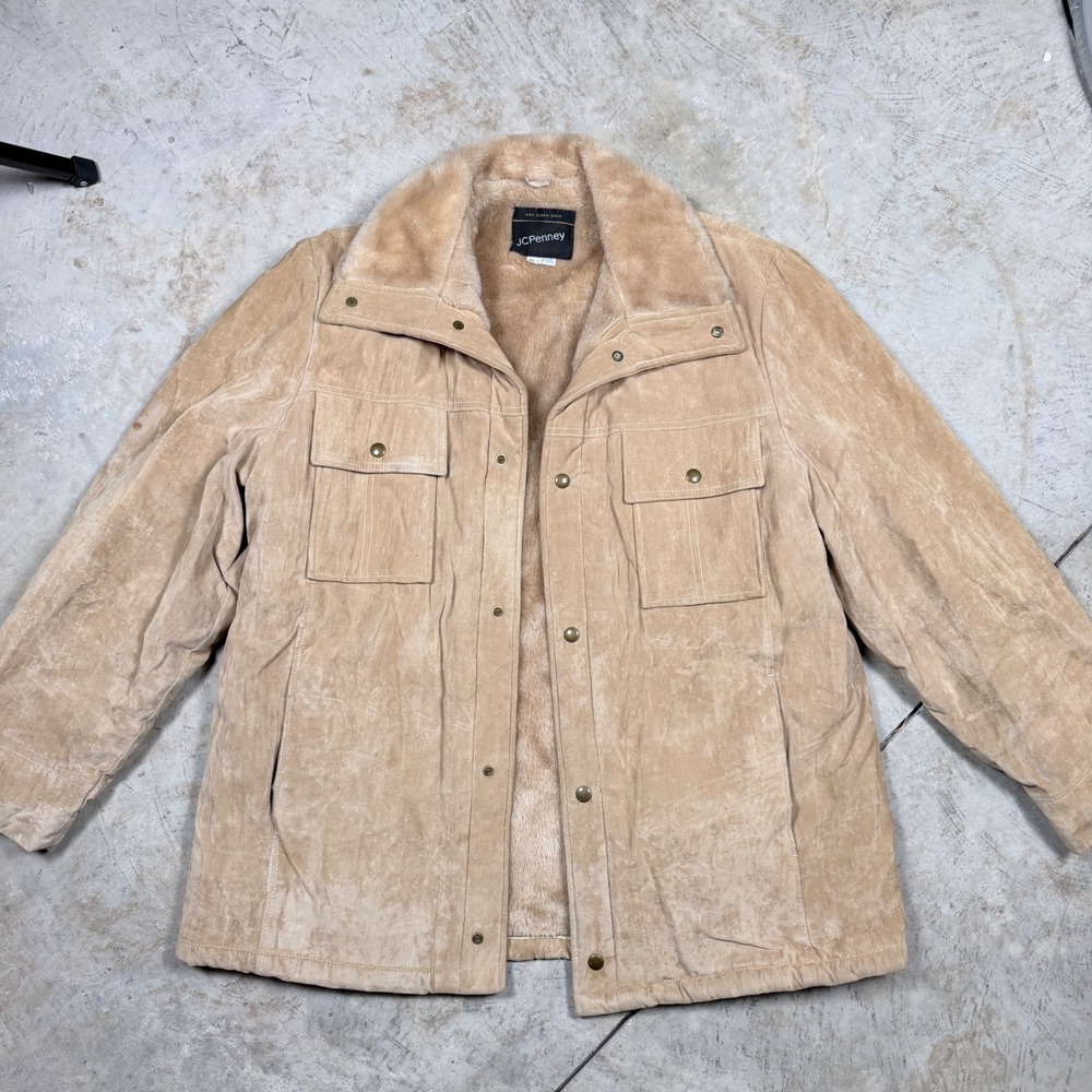vintage 70's JC Penney Suede Sherpa Lined Trucker Jacket Tan XL Made‎ in USA